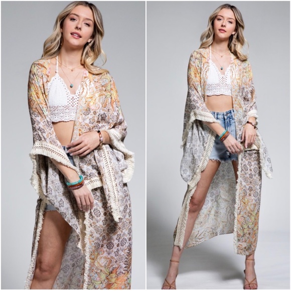 BellanBlue Tops - Boho Floral Paisley Print Fringe Crochet Long Kimono Beach